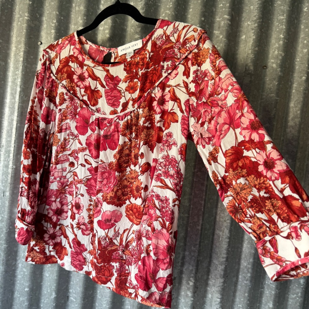 Amour Vert Red Pink Floral Viscose Blouse Top Small Long Sleeve Made USA boho
